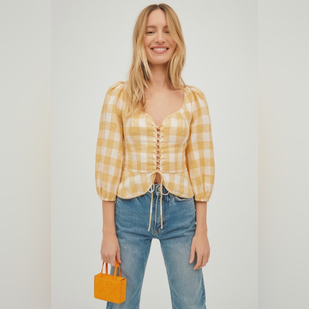 Reformation Barrett Checkered Linen Blouse